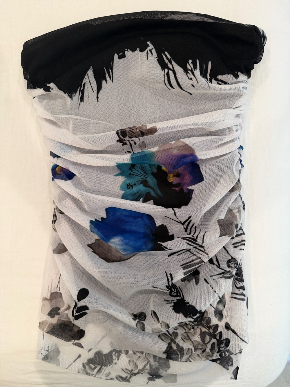 Sheer Floral Strapless Top in White with Blue Accents